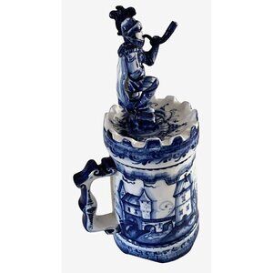 New Gzhel Russian Folk Art Handmade Porcelain Beer Kvas Mug Stein w/Lid 13"H Vtg